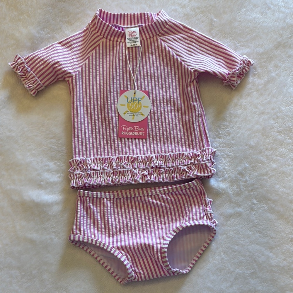RuffleButts Pink Striped Baby Swim Set